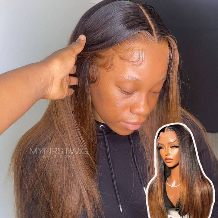 7x5 Freier Scheitel Pre Max Wear &amp; Go kleberlose Perücke - Stufen braun glatte Perücke - PM014