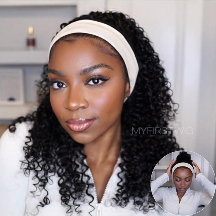 18-20" Curly Deep Wave Drawstring Headband Wig Glueless Put On Go Wig - HBW003