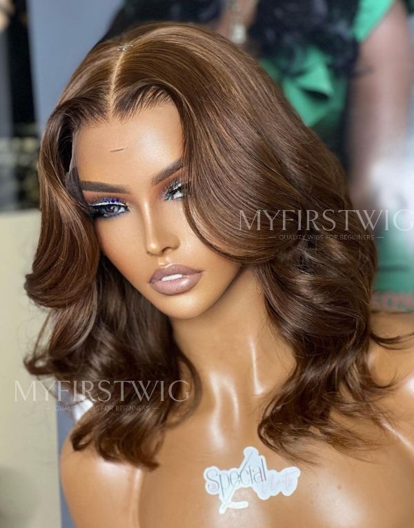 Full Lace Wig Caramel Brown Wavy Glueless Human Hair Wig -LM013