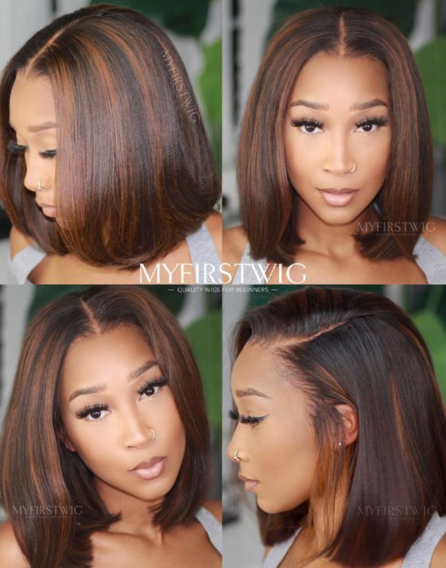 Full Lace Wig Highlight Brown Straight Bob Glueless Human Hair Wig -LM008