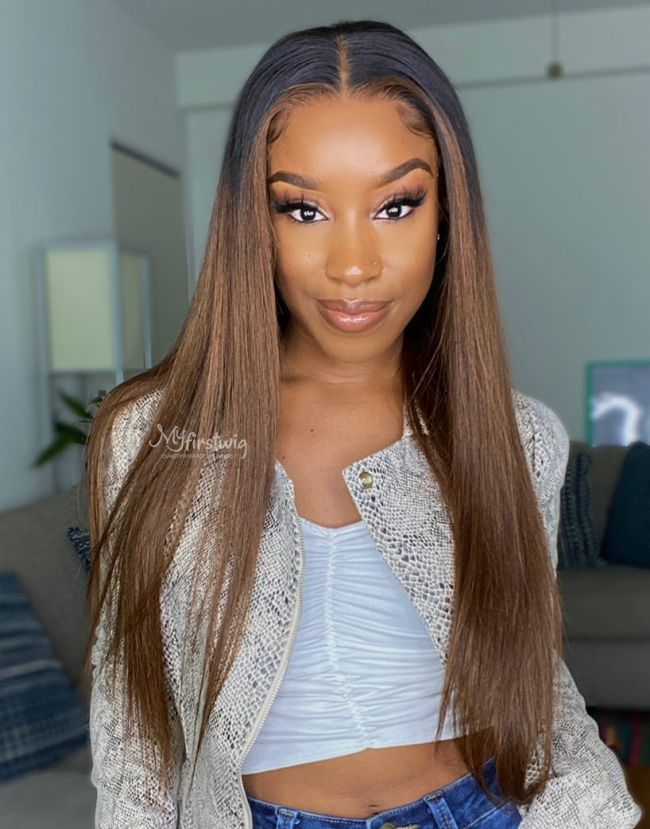 Full Lace Wig Ombre Brown Straight Glueless Human Hair Wig -LM014