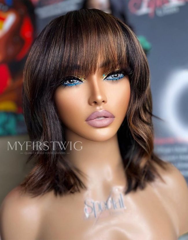 Highlight Brown Straight Wig With Bangs Invisible Glueless 4x4" Closure Wig  - FL4436