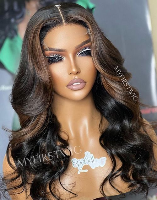 Highlight Brown Wavy Invisible Glueless 4x4" Closure Wig  - FL4447