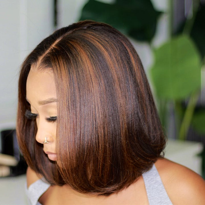13x6 Highlight Brown Bob Wig Undetectable Lace Glueless Lace Front Wig - NCB001