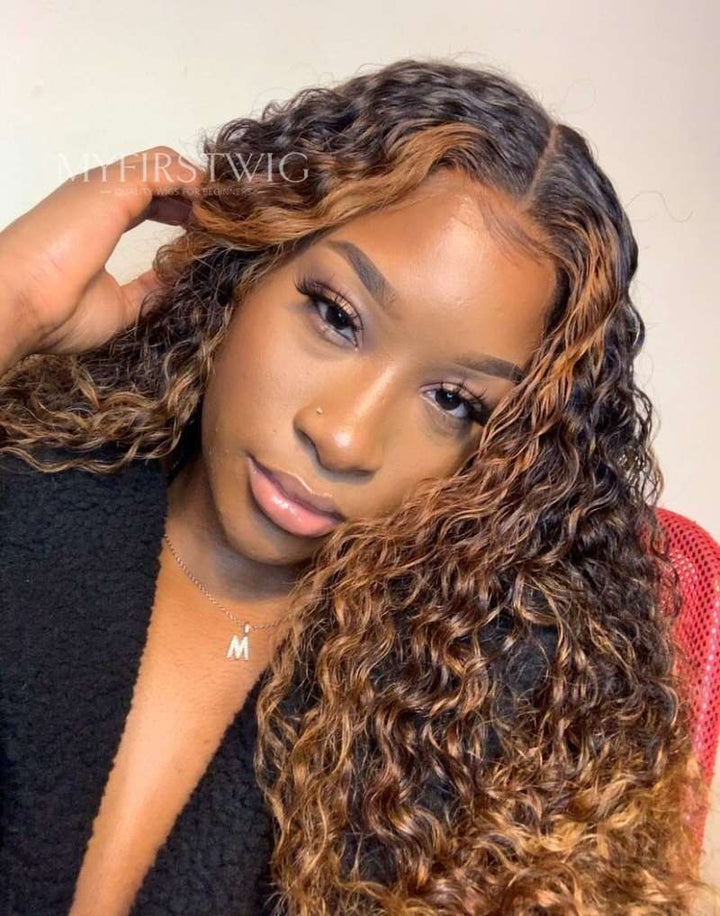 16-20 Inch Highlight Brown Deep Wave Curly Invisible Glueless 4x4" Closure Wig  - FL44J03