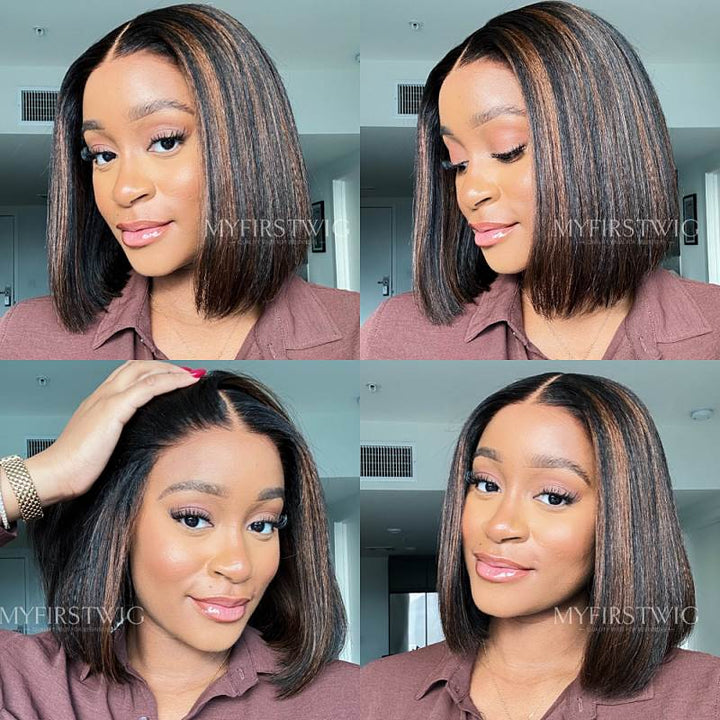C-Shape Ear Fit 7x5" Wear & Go Glueless Wig 180% Density - Highlight Brown Bob Wig- PM031