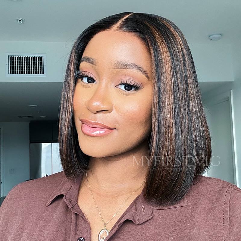 C-Shape Ear Fit 7x5" Wear & Go Glueless Wig 180% Density - Highlight Brown Bob Wig- PM031