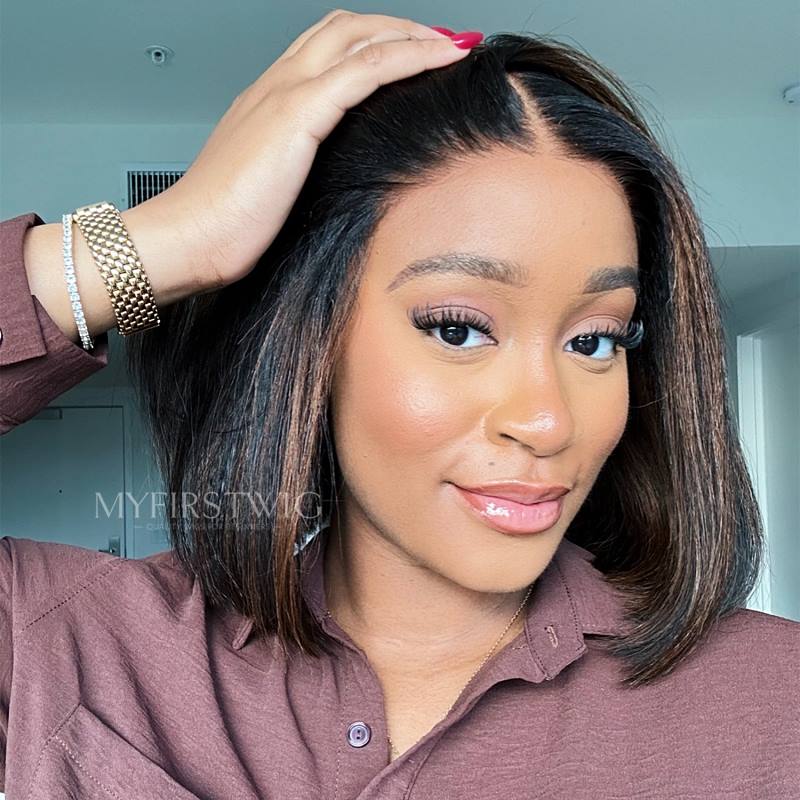 C-Shape Ear Fit 7x5" Wear & Go Glueless Wig 180% Density - Highlight Brown Bob Wig- PM031