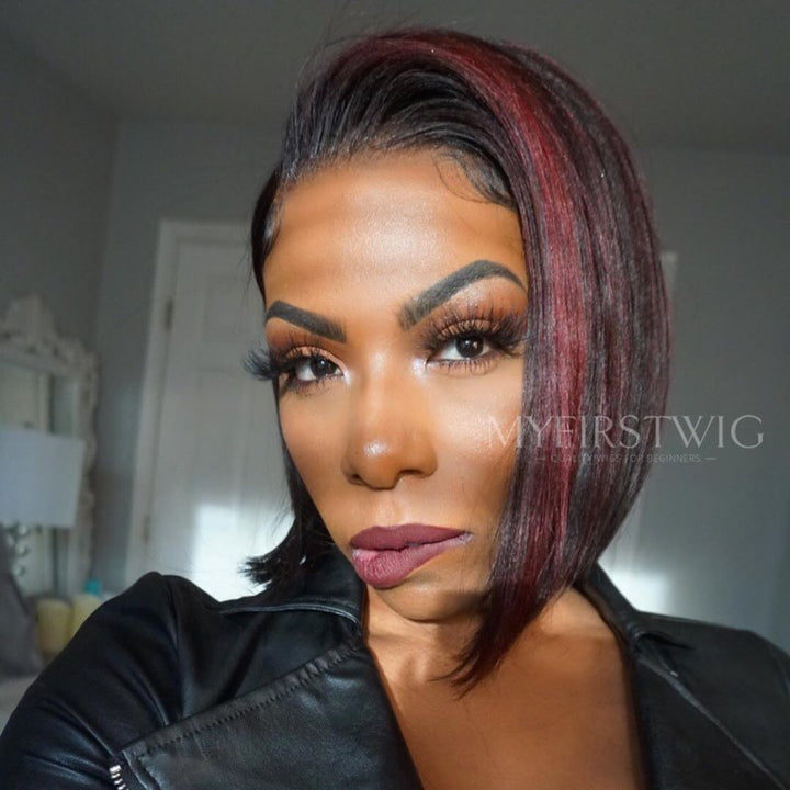 Highlight Burgundy Yaki Bob Wig HD Lace Wear & Go Glueless Closure Wig - CLB033