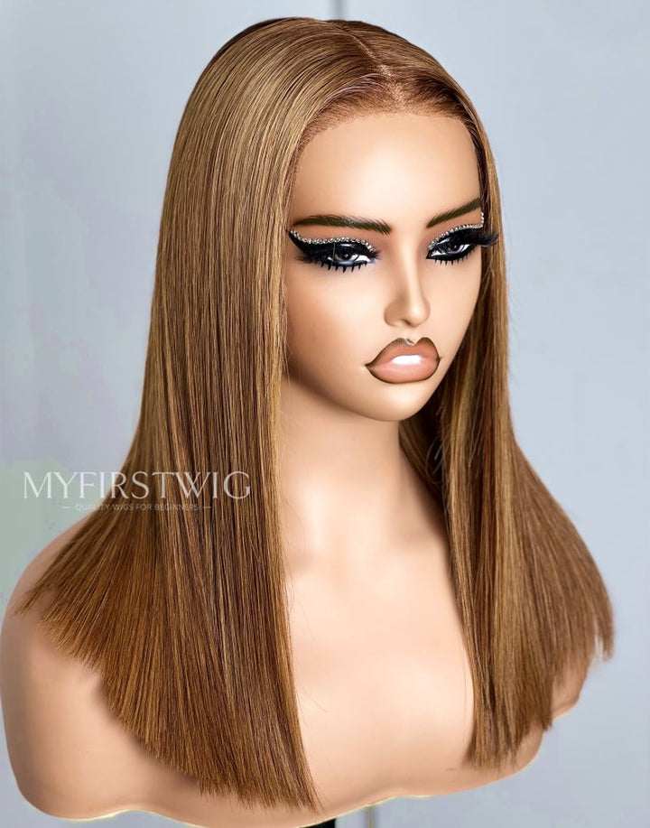 Honey Blonde Straight Long Bob Wig HD Lace Wear & Go Glueless Closure Wig - CLS023