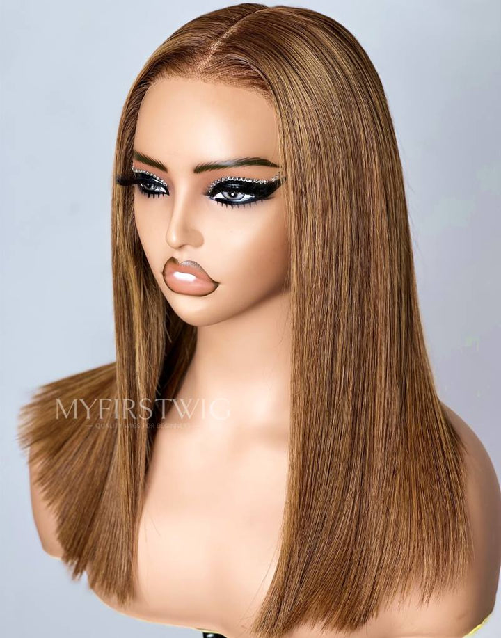 Honey Blonde Straight Long Bob Wig HD Lace Wear & Go Glueless Closure Wig - CLS023