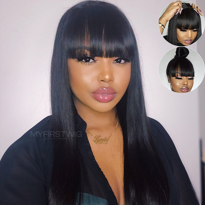 13 x 6 lange glatte Perücke mit Ponyfransen, 14-20 Zoll, klebefreie Lace-Front-Perücke – NCS014