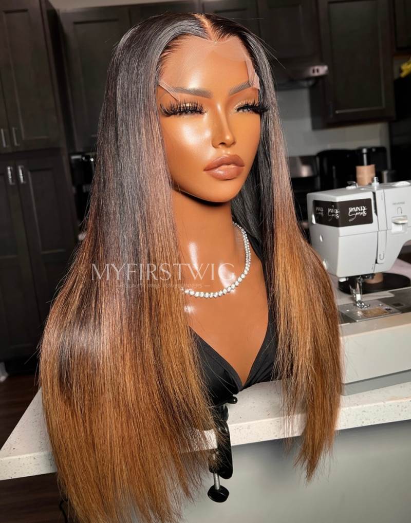 Ombre Brown Long Straight Wig Invisible Glueless 4x4