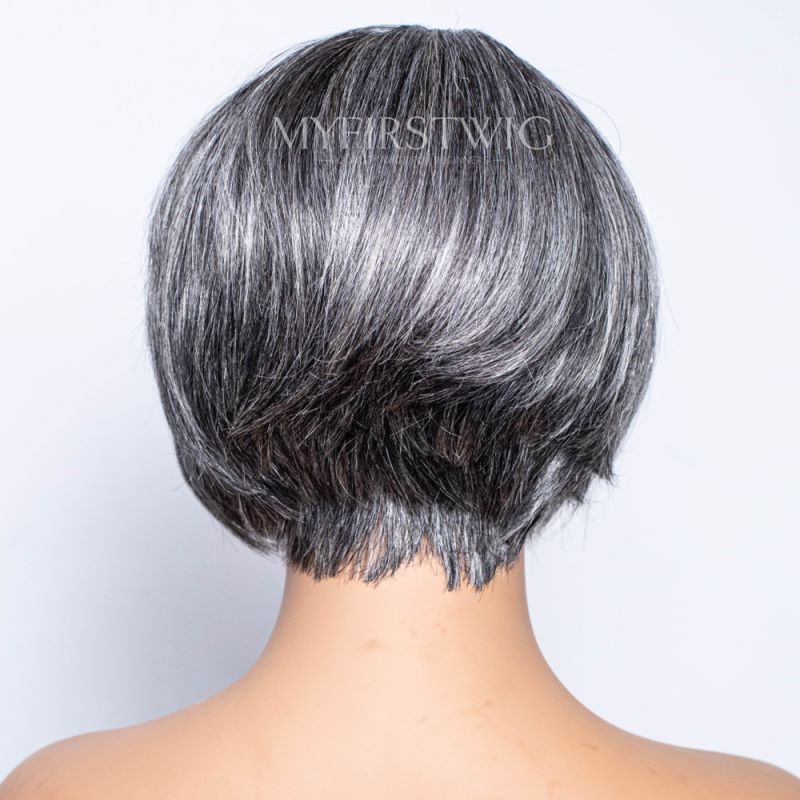 Pixie Cut, kurzes Haar, grau mit Salz- und Pfeffer-C-Teil, klebefreie Perücke – FLFB01