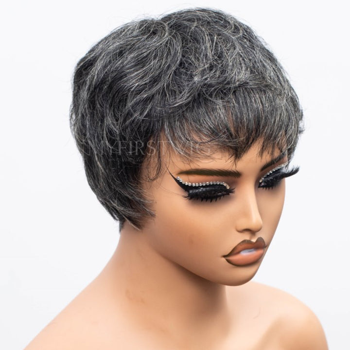 Pixie Cut Short Hair Salt & Pepper Machine Waved Scalp Top Glueless Wig -FLFB03