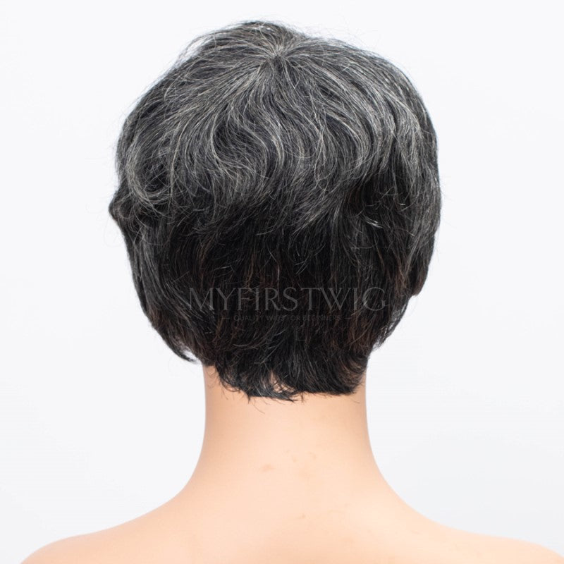 Pixie Cut, kurzes Haar, Salz &amp; Pfeffer, maschinengewellte Kopfhaut, ohne Kleber, FLFB03