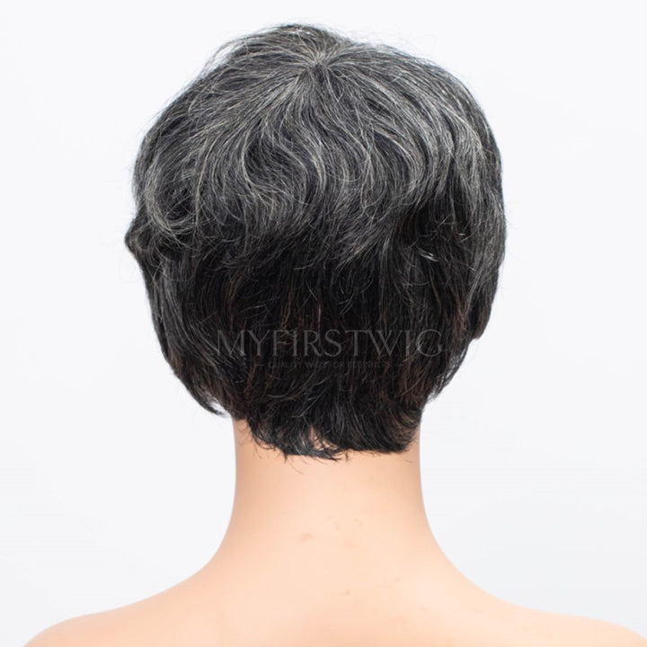 Pixie Cut, kurzes Haar, Salz &amp; Pfeffer, maschinengewellte Kopfhaut, ohne Kleber, FLFB03