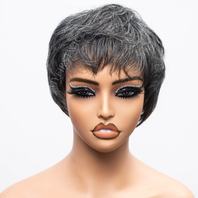 Pixie Cut, kurzes Haar, Salz &amp; Pfeffer, maschinengewellte Kopfhaut, ohne Kleber, FLFB03