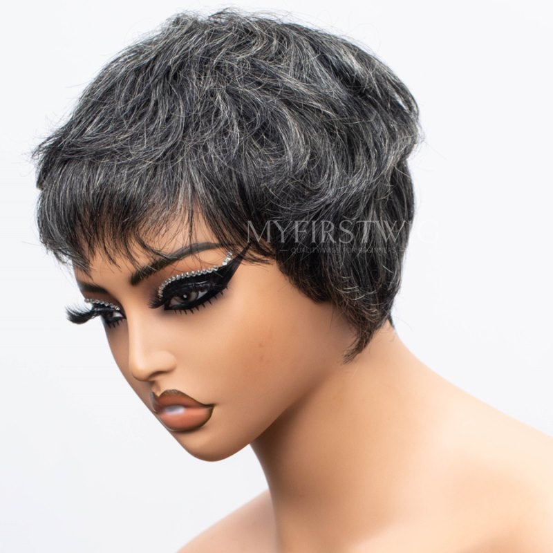 Pixie Cut, kurzes Haar, Salz &amp; Pfeffer, maschinengewellte Kopfhaut, ohne Kleber, FLFB03