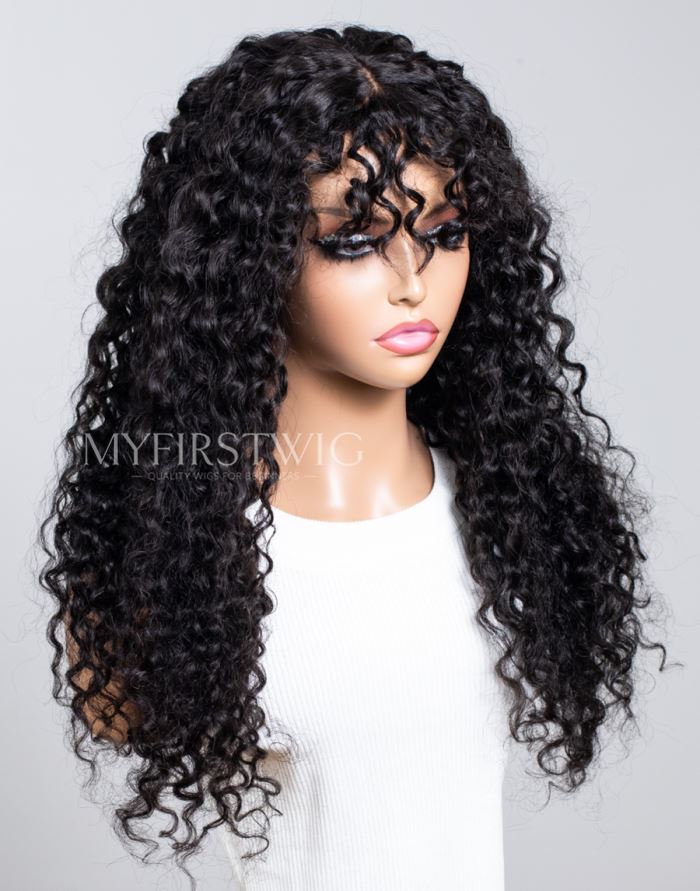 Scalp Top Wig Long Water Wave With Bangs Glueless No Lace Human Hair Wig - NGW005