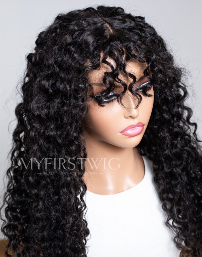 Scalp Top Wig Long Water Wave With Bangs Glueless No Lace Human Hair Wig - NGW005