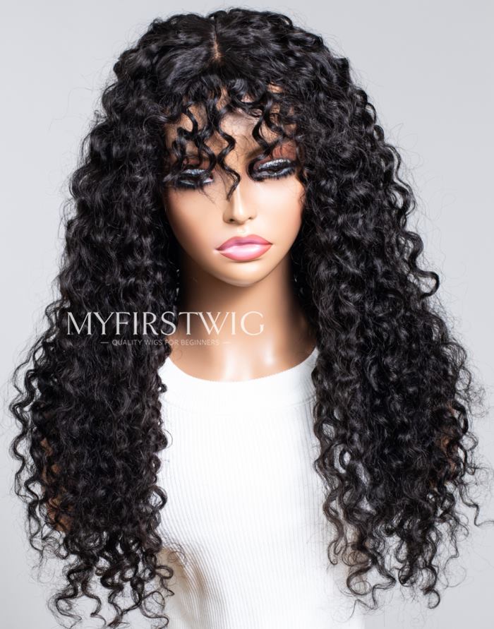 Scalp Top Wig Long Water Wave With Bangs Glueless No Lace Human Hair Wig - NGW005