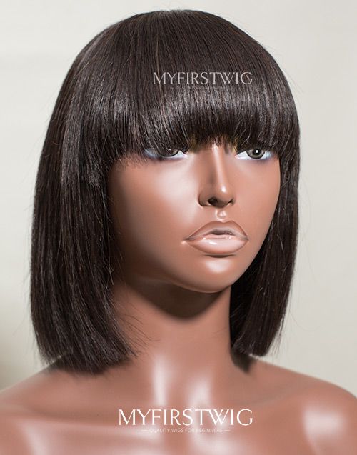 Scalp Top Wig Bob With Bangs Glueless No Lace Human Hair Wig - NGW002