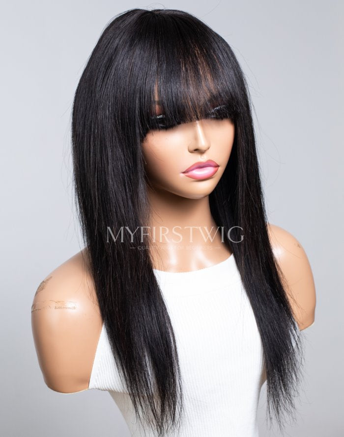 Scalp Top Wig Straight With Bangs Glueless No Lace Human Hair Wig - NGW006