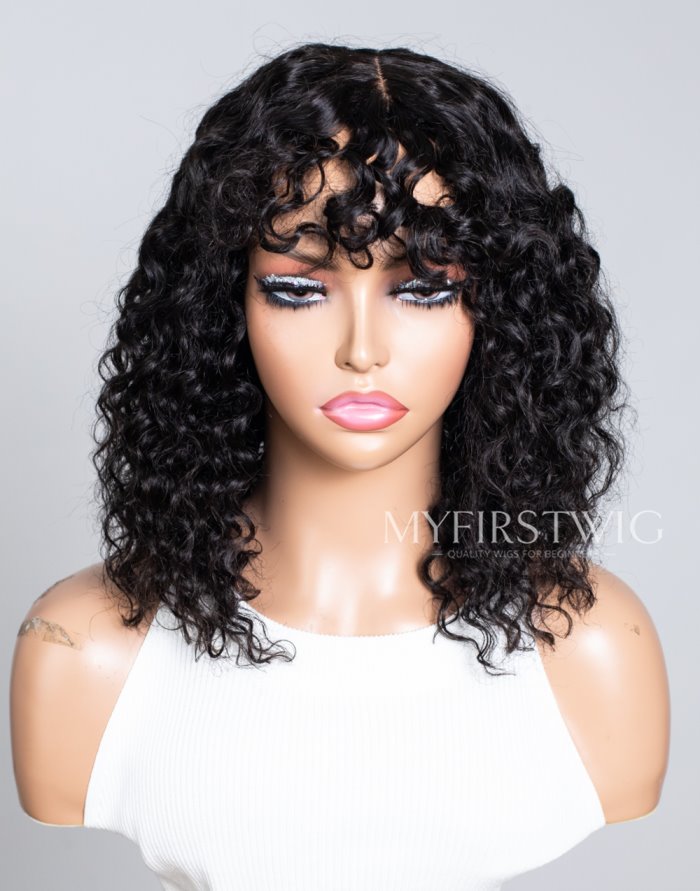 Scalp Top Wig Water Wave With Bangs Glueless No Lace Human Hair Wig - NGW004