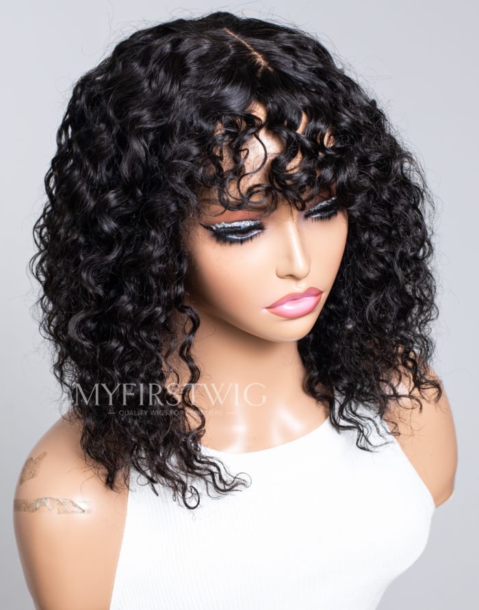 Scalp Top Wig Water Wave With Bangs Glueless No Lace Human Hair Wig ...