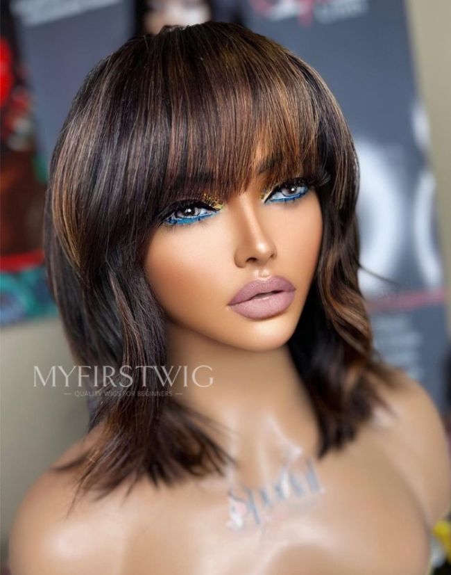 Straight Highlight Brown Bob With Bangs HD Lace Wear & Go Glueless Wig - CLB025