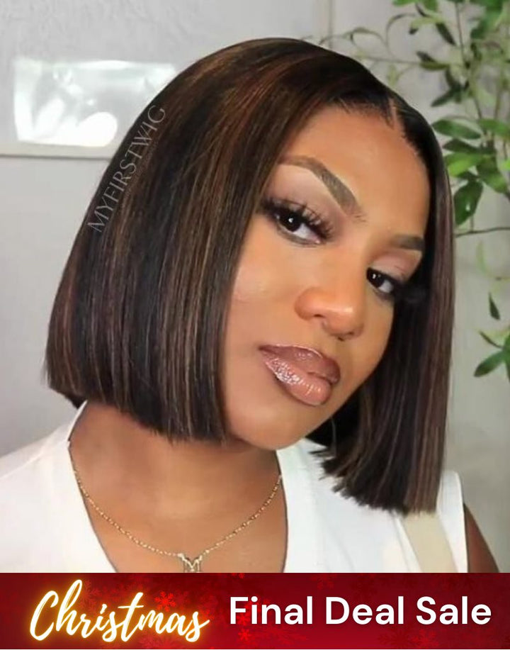 12 Zoll lange, gesträhnte, braune Bob-Perücke mit HD-Lace-Wear &amp; Go-Verschluss ohne Kleber – CLB001