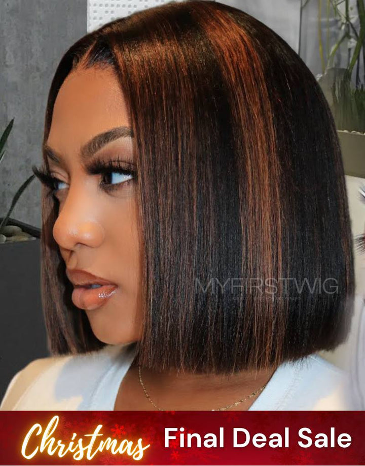 12 Zoll lange, gesträhnte, braune Bob-Perücke mit HD-Lace-Wear &amp; Go-Verschluss ohne Kleber – CLB001