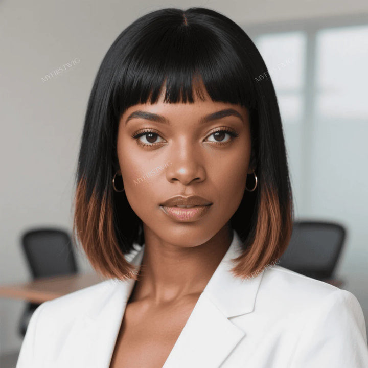 Wig For Office - Ombre Brown With Baby Bangs HD Lace Wear & Go Glueless Wig - MAI001AP