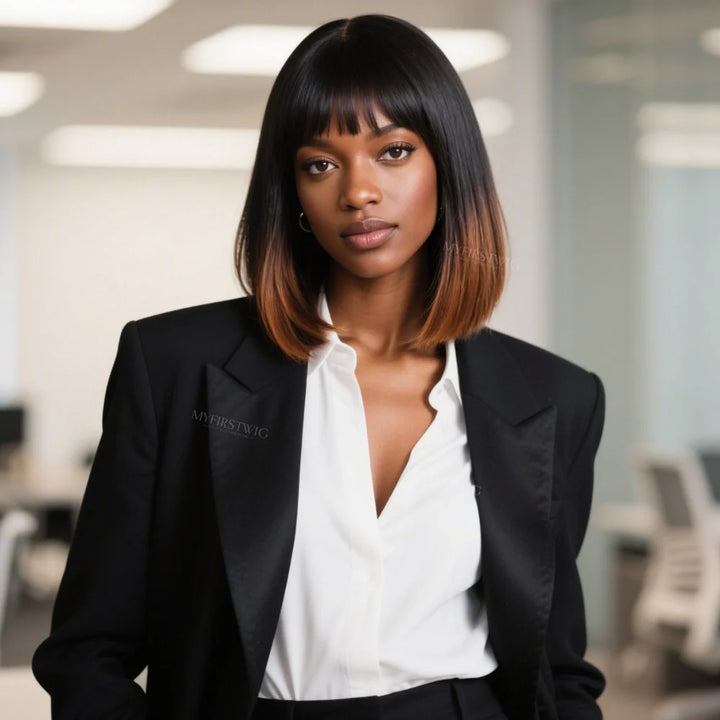 Wig For Office - Ombre Brown With Baby Bangs HD Lace Wear & Go Glueless Wig - MAI001AP