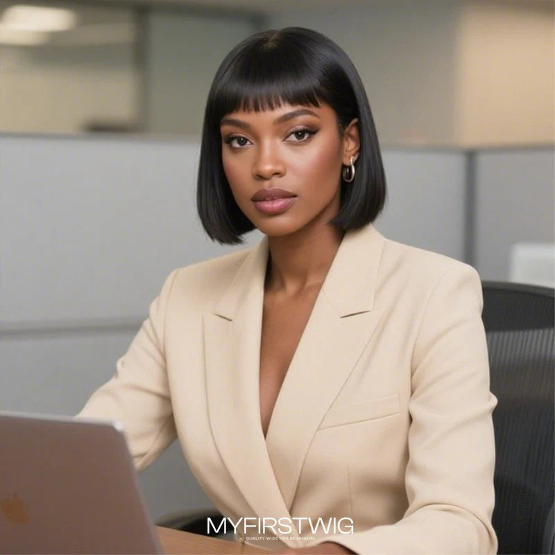 Wig For Office - Blunt Cut Bob with Bangs HD Lace Wear & Go Glueless Wig - APB002