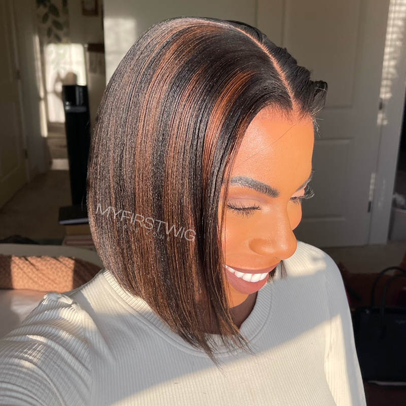 13x6 Brown Highlight Yaki Bob Wig Undetectable Glueless Lace Front Wig - NCB023