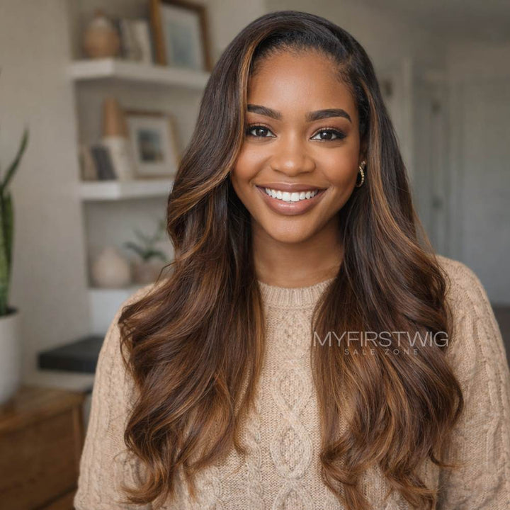 C-Shape Ear Fit 7x5" Wear & Go Glueless Wig 180% Density - Ombre Brown Wavy - PM052