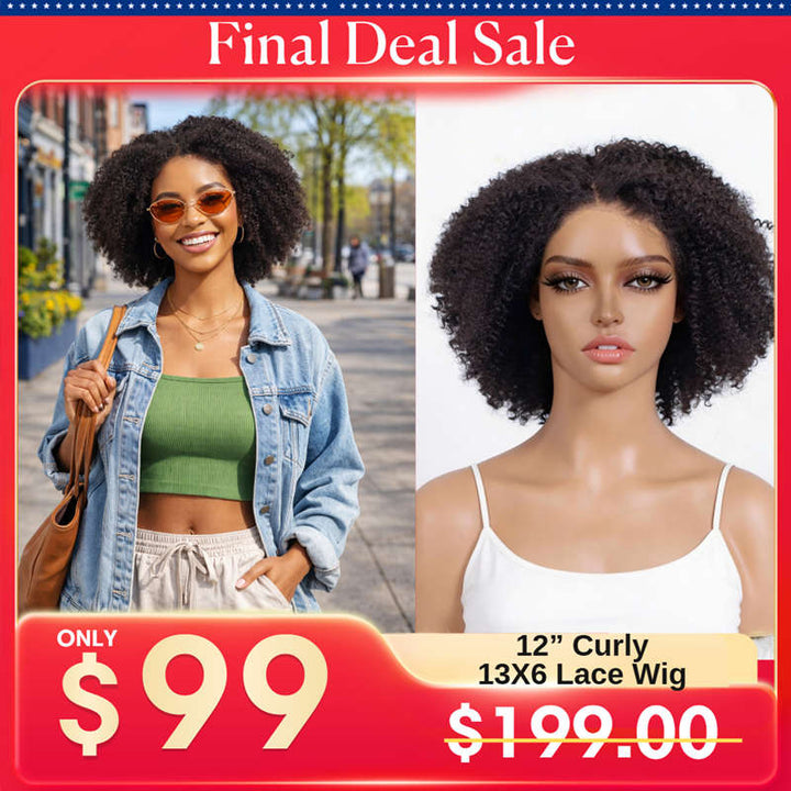 Final Deal Sale - 13X6 Lace Wig 12" Size-1 Short Curly Human Hair Wig - FDS001