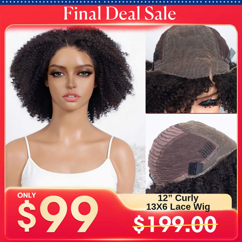Final Deal Sale - 13X6 Lace Wig 12" Size-1 Short Curly Human Hair Wig - FDS001
