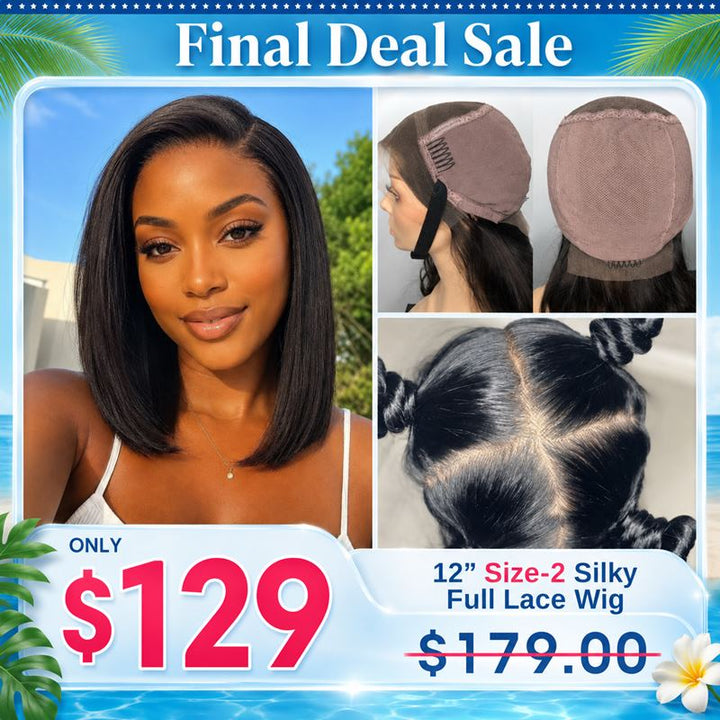 Final Deal Sale - Full Lace Wig 12" Size-2 Silky Bob Human Hair Wig - FDS009