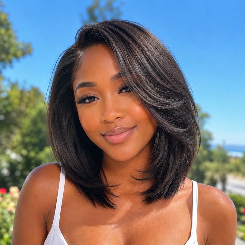 13x6 Yaki Kurzhaar Bob Unsichtbare, kleberlose Lace Front Perücke - NCB002