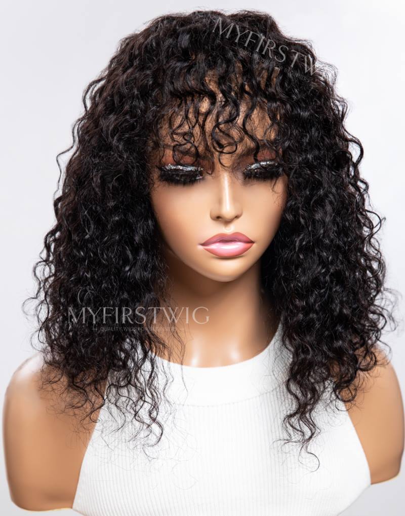 14" Deep Wave Curly Wig With Bangs Invisible 160% Density Glueless 4x4" Closure Wig  - FL4419