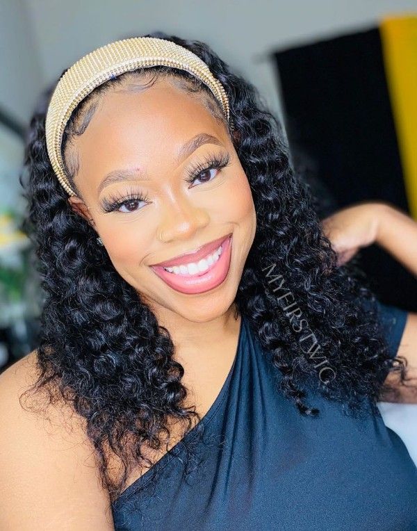 18-20" lockige, tief gewellte Stirnbandperücke, klebefreie Aufziehperücke – HBW003