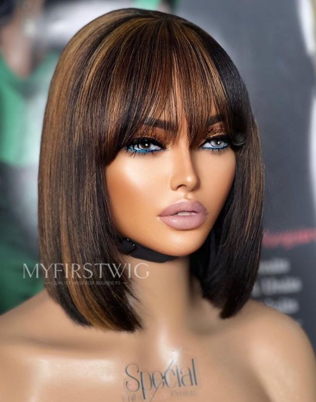 Highlight Brown Bob Wig With Bangs 160% Density Invisible Glueless 4x4" Closure Wig  - FL4453