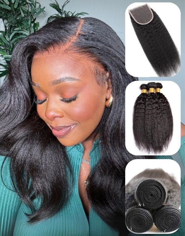 Bundles with Closure Deal - Kinky Straight Human Hair 3 Bundles with 5×5 HD Lace Closure - BCD004