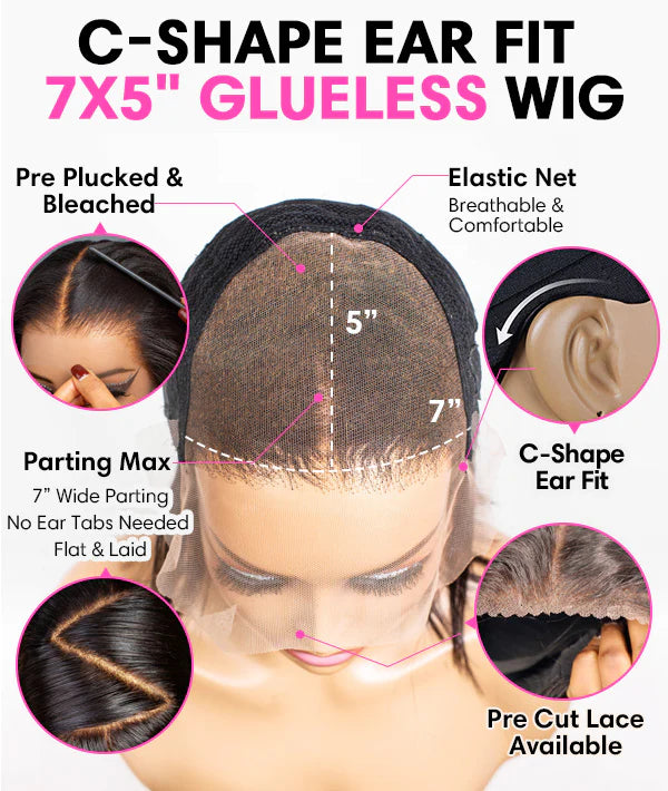 C-Shape Ear Fit 7x5" Wear & Go Glueless Wig 180% Density - Deep Wave Curly - PM047