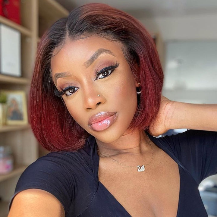 12 Inch Ombre Burgundy Bob Wig HD Lace Wear & Go Glueless Closure Wig - CLB042