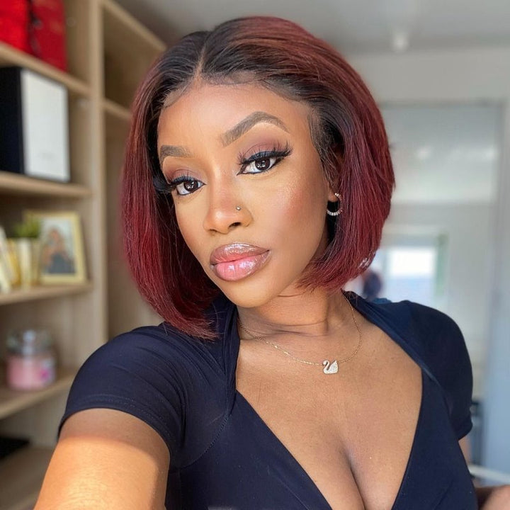 12 Inch Ombre Burgundy Bob Wig HD Lace Wear & Go Glueless Closure Wig - CLB042