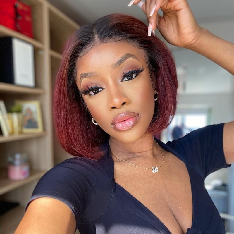 12 Inch Ombre Burgundy Bob Wig HD Lace Wear & Go Glueless Closure Wig - CLB042